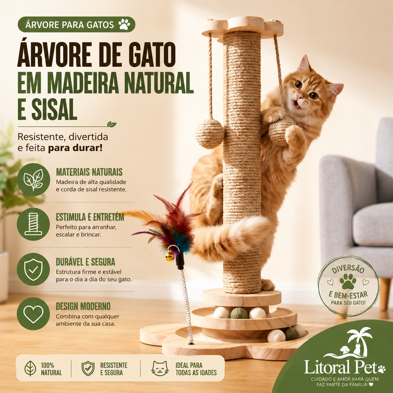 Arranhador de Madeira Natural para Gatos com Bola
