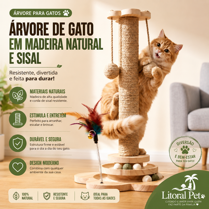 Arranhador de Madeira Natural para Gatos com Bola