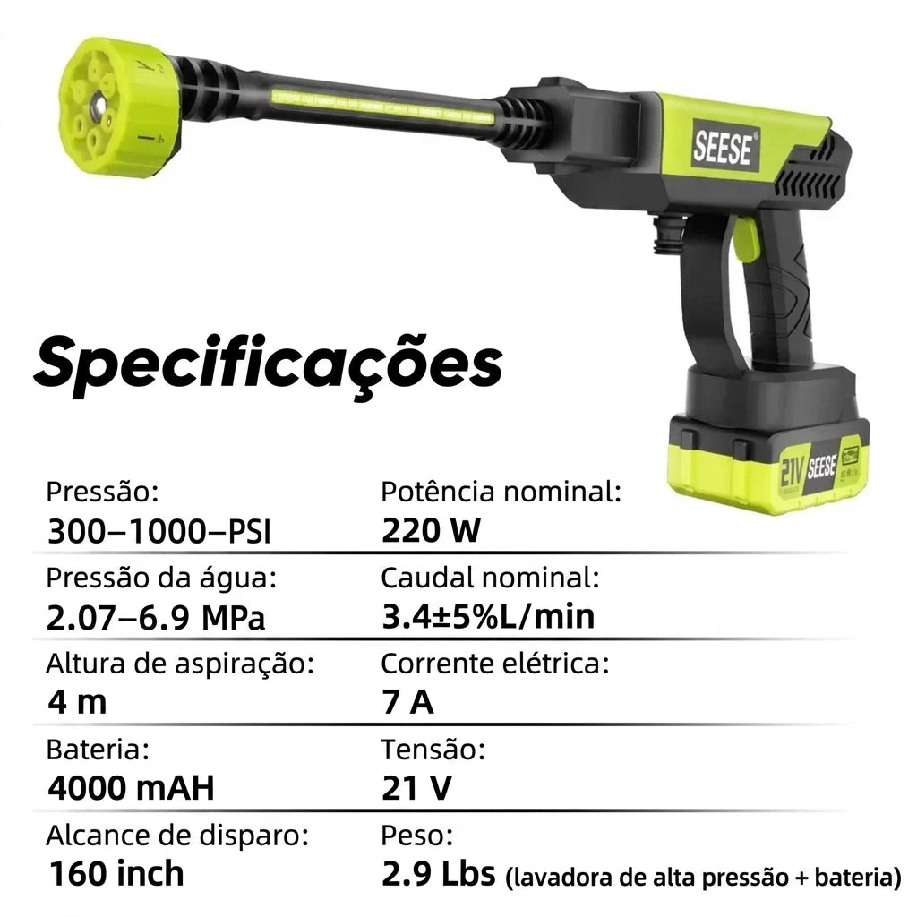 Lavadora de Alta Pressão Sem Fio SEESE Recarregável – Portátil, Potente para Carros, Casas e Jardins