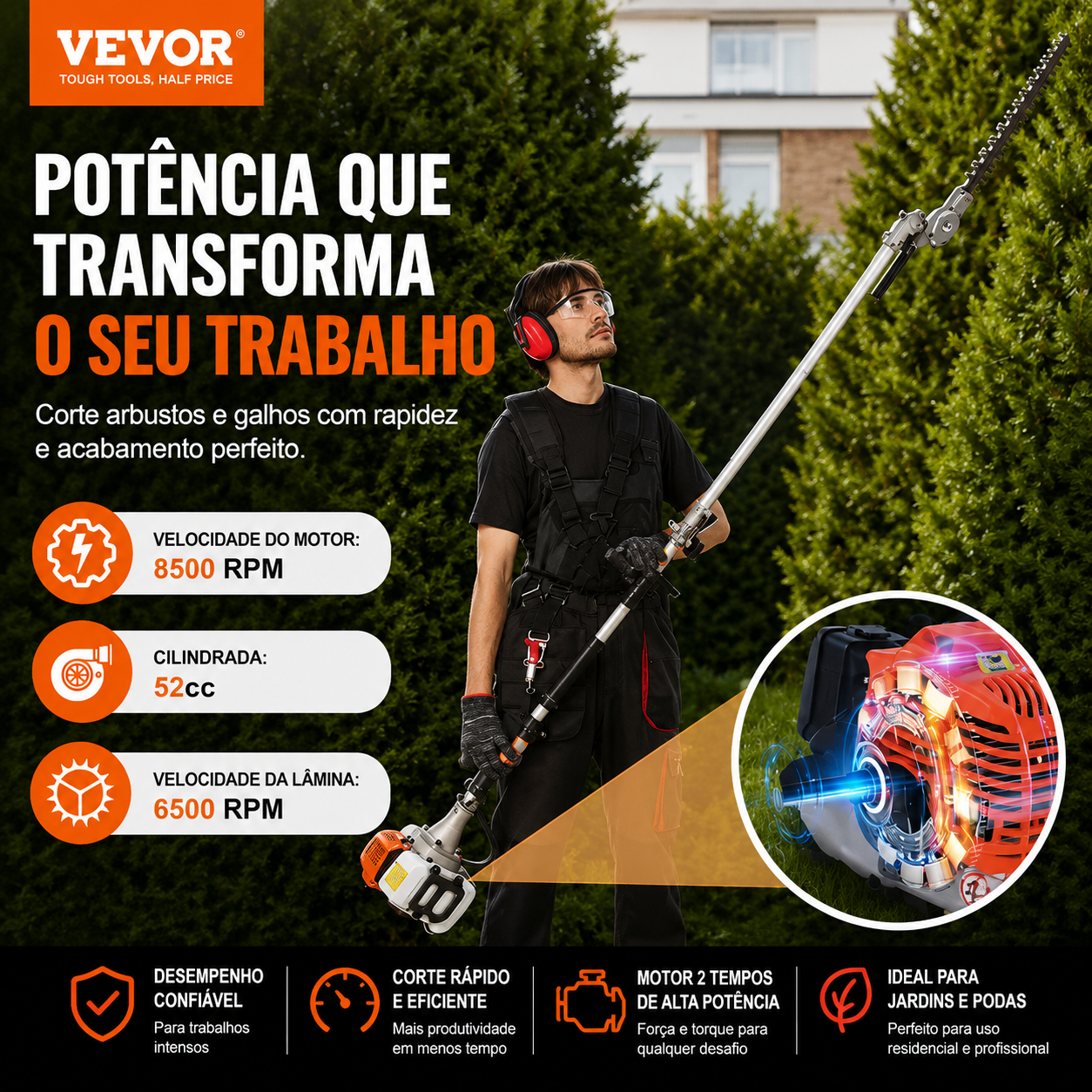 Aparador Multifuncional a Gasolina VEVOR 5 em 1 63cc – Potência Profissional para Jardinagem