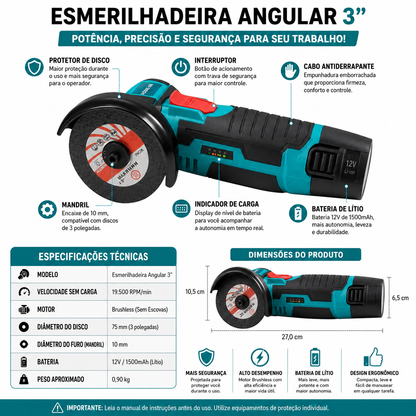Mini Esmerilhadeira Angular Sem Fio 12V Brushless com 2 Baterias e 4 Discos de Corte