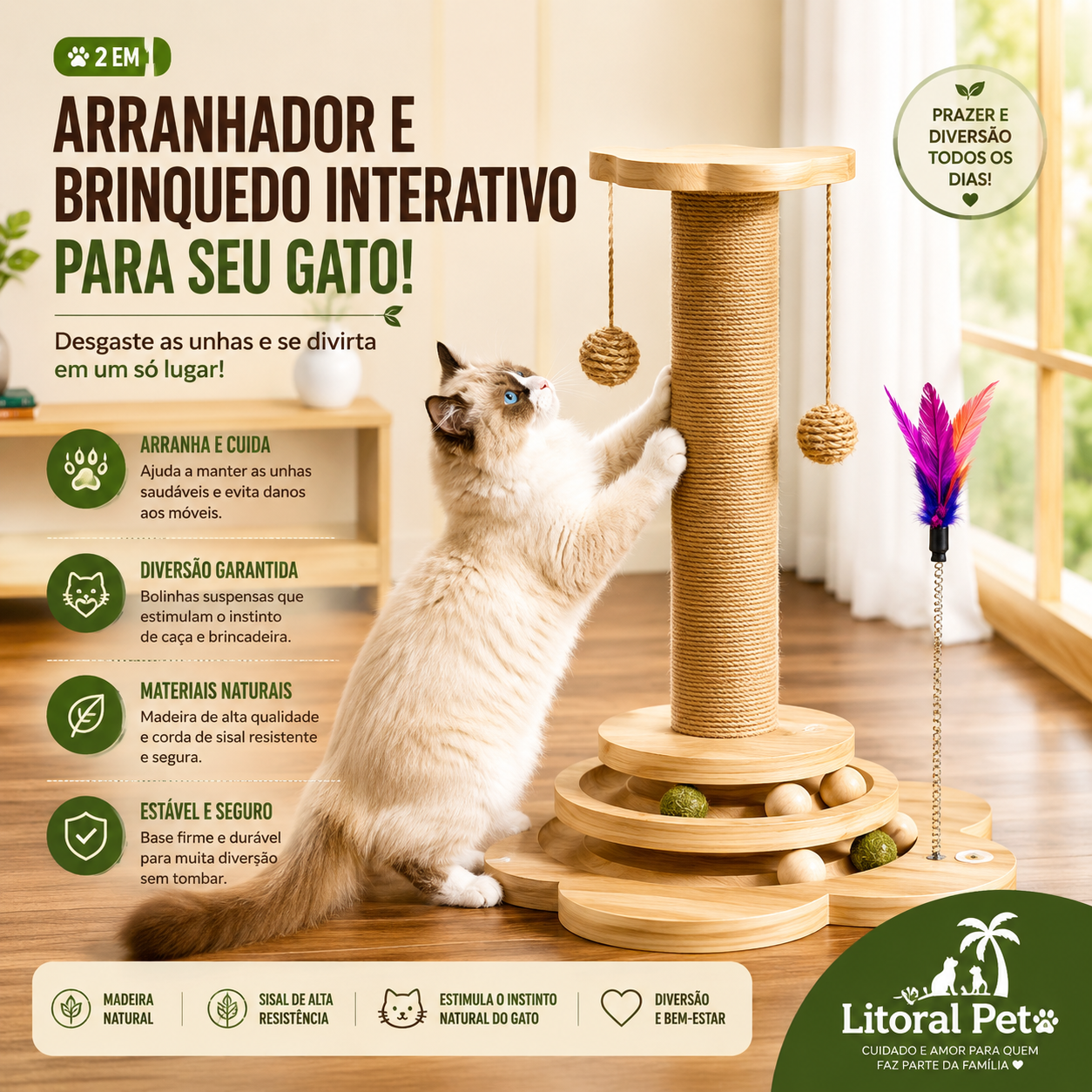 Arranhador de Madeira Natural para Gatos com Bola