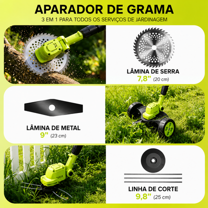 Cortador de Grama Sem Fio SEESE 3 em 1 com 2 Baterias 21V – Aparador, Roçadeira e Cortador de Bordas Elétrico