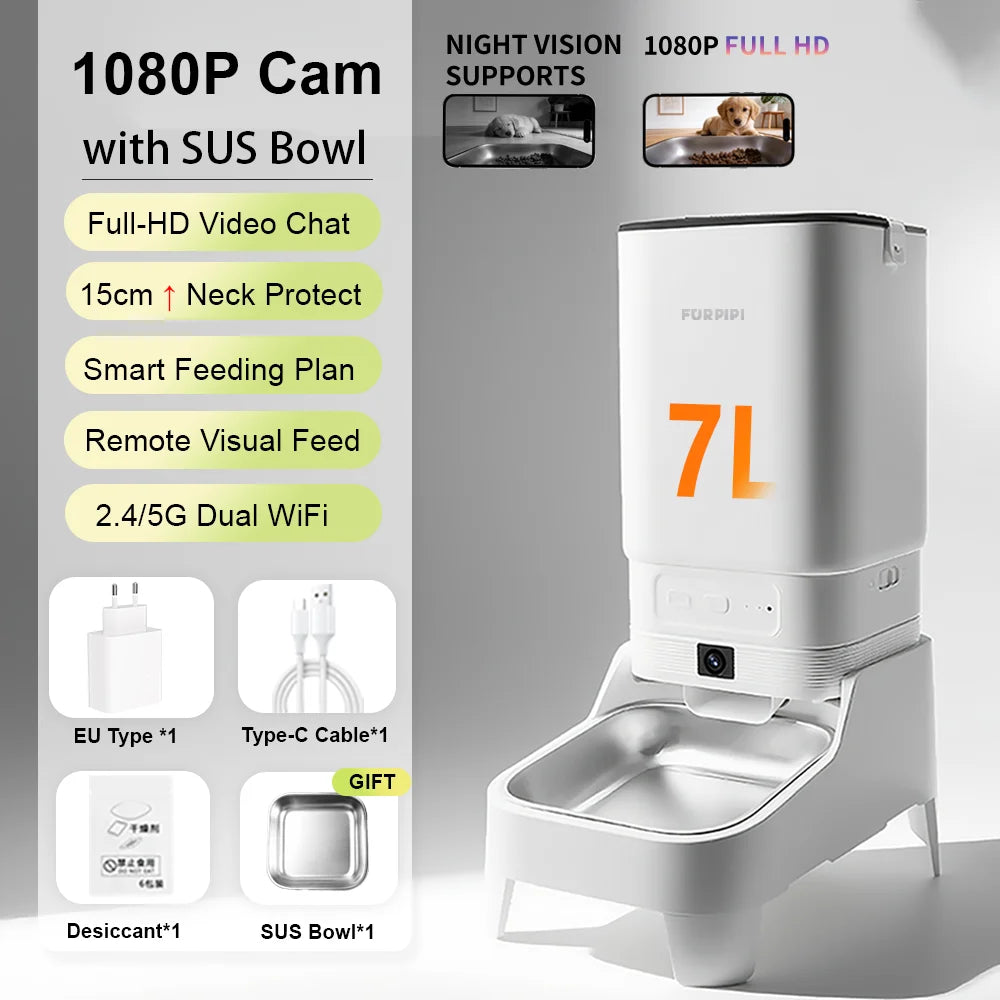 Smart Cat Feeder with 15CM Elevated Camera Tuya App Control for Busy Pet Owners FURPIPI Automatic Cats Dog Food Feeder Set