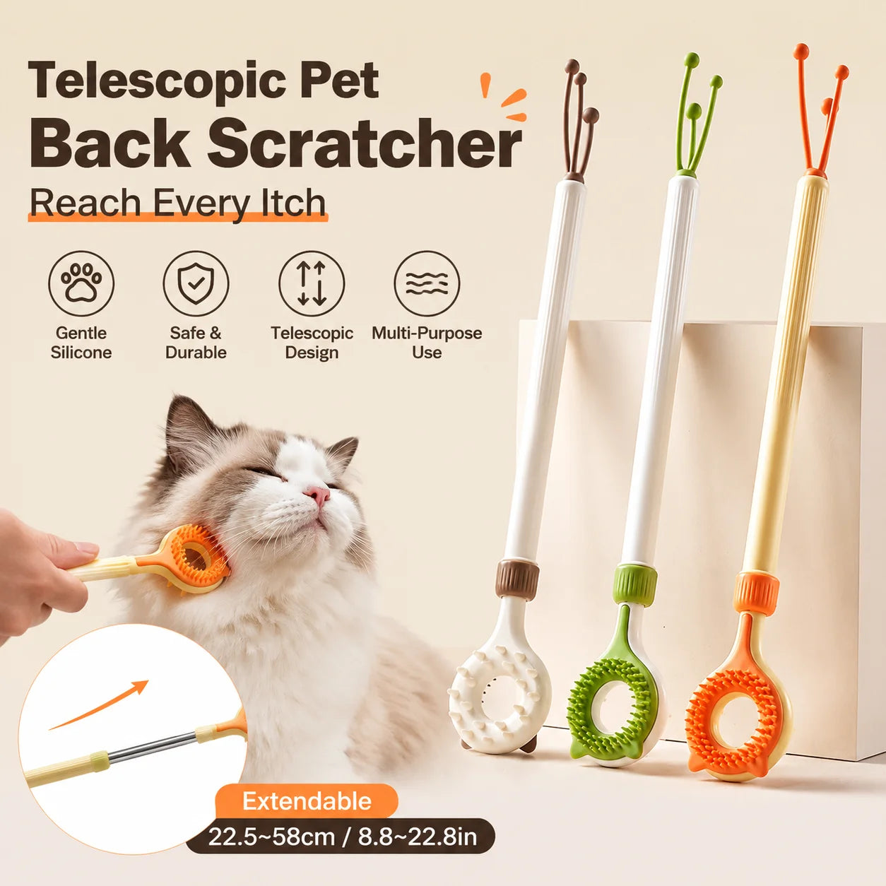 2 in 1 Telescopic Cat Back Scratcher Double Sided Silicone Pet Massager Itching Relief Wand Retractable Interactive Teaser Toy