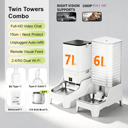 Smart Cat Feeder with 15CM Elevated Camera Tuya App Control for Busy Pet Owners FURPIPI Automatic Cats Dog Food Feeder Set