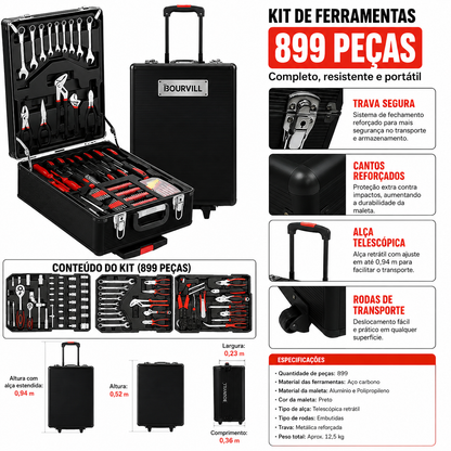 Kit de Ferramentas Bourvill 899 Peças com Maleta Metálica e Rodas