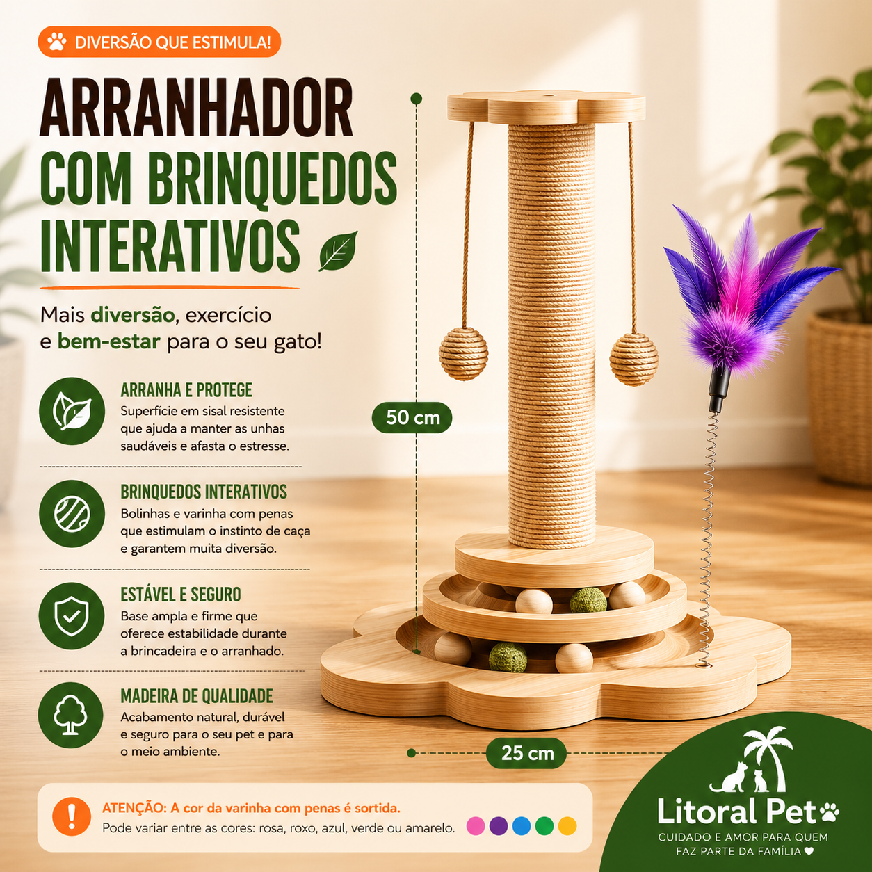 Arranhador de Madeira Natural para Gatos com Bola