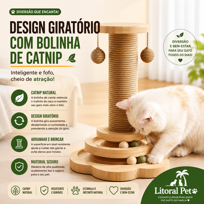 Arranhador de Madeira Natural para Gatos com Bola